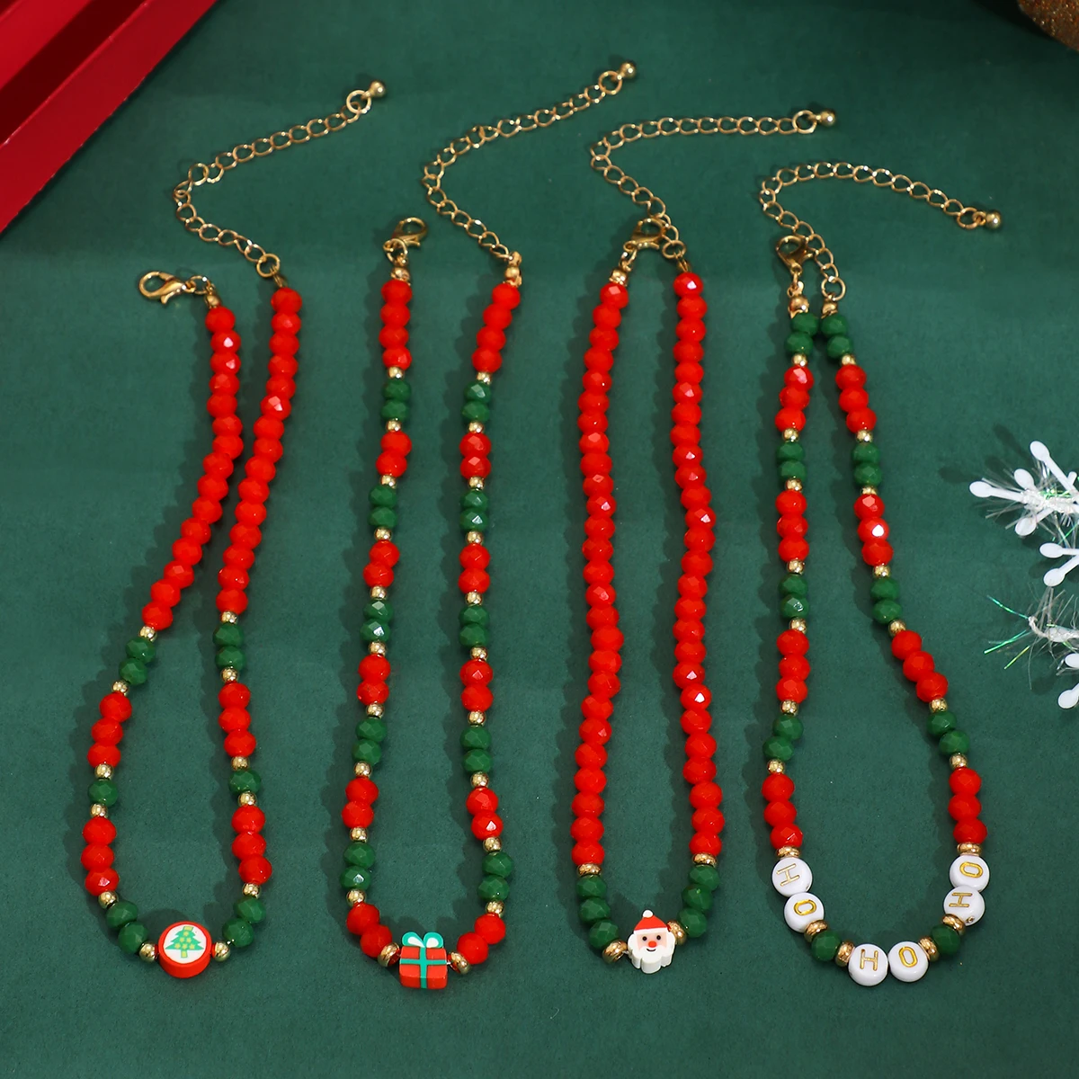 4Pcs Creative Red Crystal Polymer Clay Chain Necklace for Women