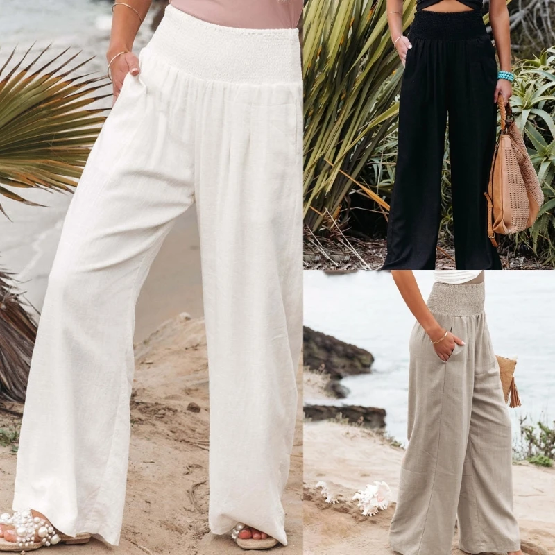 Spring Summer Cotton Linen Palazzo Pants with Pockets for Women Smocked High Waisted Wide Leg Solid Color Dropship