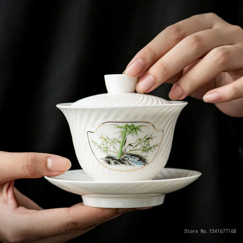 Creative White Porcelain Hovering Three Talent Covered Bowl Spiral Pattern Sheepskin Jade Porcelain Chinese Kung Fu Tea Set, 1Pc