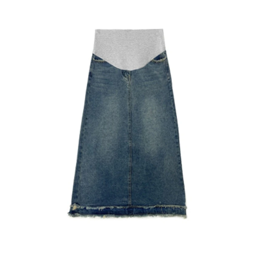 Fashionable Pregnant Women's Denim Skirt Spring/Summer High Waist Mid length Support A-line Skirt Fur hem long skirt