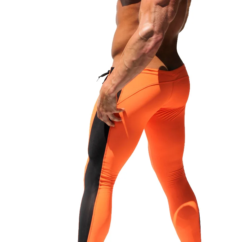 Men Running Tights Orange Gym Leggings 