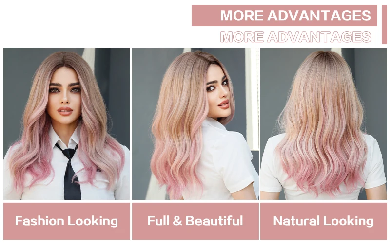 7JHH WIGS Ombre Blond To Pink Long Wavy Blonde Wigs for Women Daily Cosplay Hot Love Synthetic Hair Lolita Wigs Heat Resistant