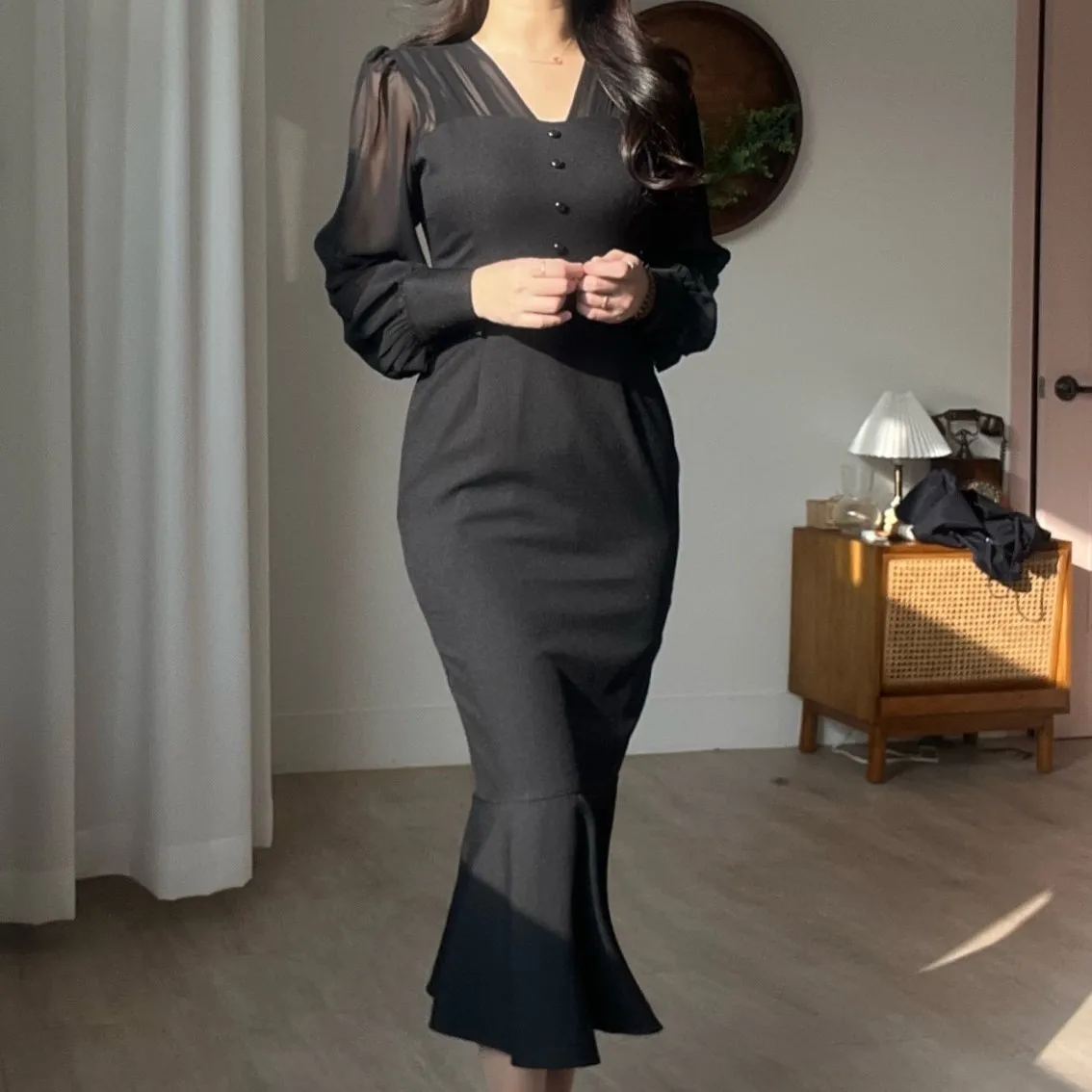 Korean Fashion Bodycon Midi Dresses for Women Mesh Patchwork Long Sleeve Fishtail Office Lady Mermaid Party Dress Slim Mermaid