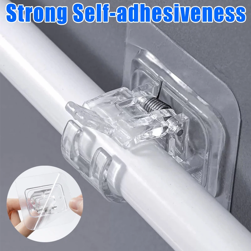 Self Adhesive Rail Hooks Nail-Free Curtain Clamp Rods Clips Hook Adjustable Shower Household Storage Hanging Stick Rack Holder