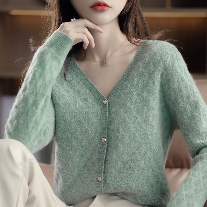 

100% Wool Spring and Autumn Sweater Knitted Women Solid color Fashion New Long Knitted Button Female Cardigan Tops