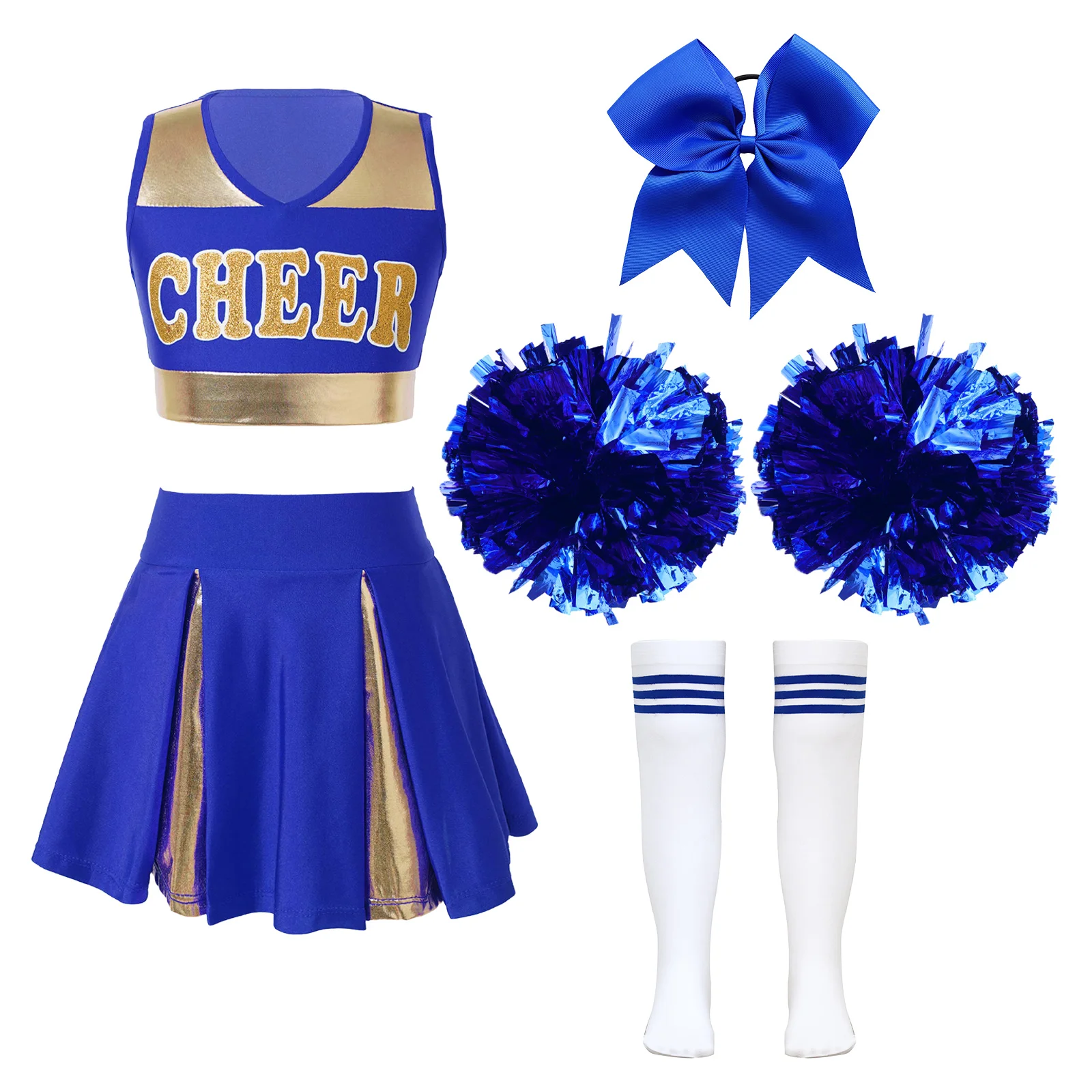 

Kids Girls Cheerleading Dance Outfits Sleeveless Tank Crop Top+Pleated Skirt+Bowknot Hair Tie+Hand Flowers+Striped Tube Socks