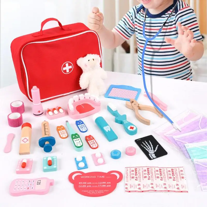 

25pcs Doctor Toys For Children Set Kids Wooden Pretend Play Kit Games For Girls Boys Red Medical Dentist Medicine Box Cloth Bags