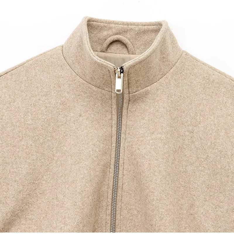 Vintage Women's Khaki Bomber Jacket Stand Collar Zipper Pocket Long Sleeve Short Coats Female 2025 Spring Thick Warm Outwear New