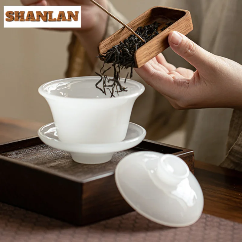 135ml High End White Jade Porcelain Gaiwan Japanese Non Hot Sancai Glass Tea Tureen Tea Maker Cover Bowl Mug Services Craft
