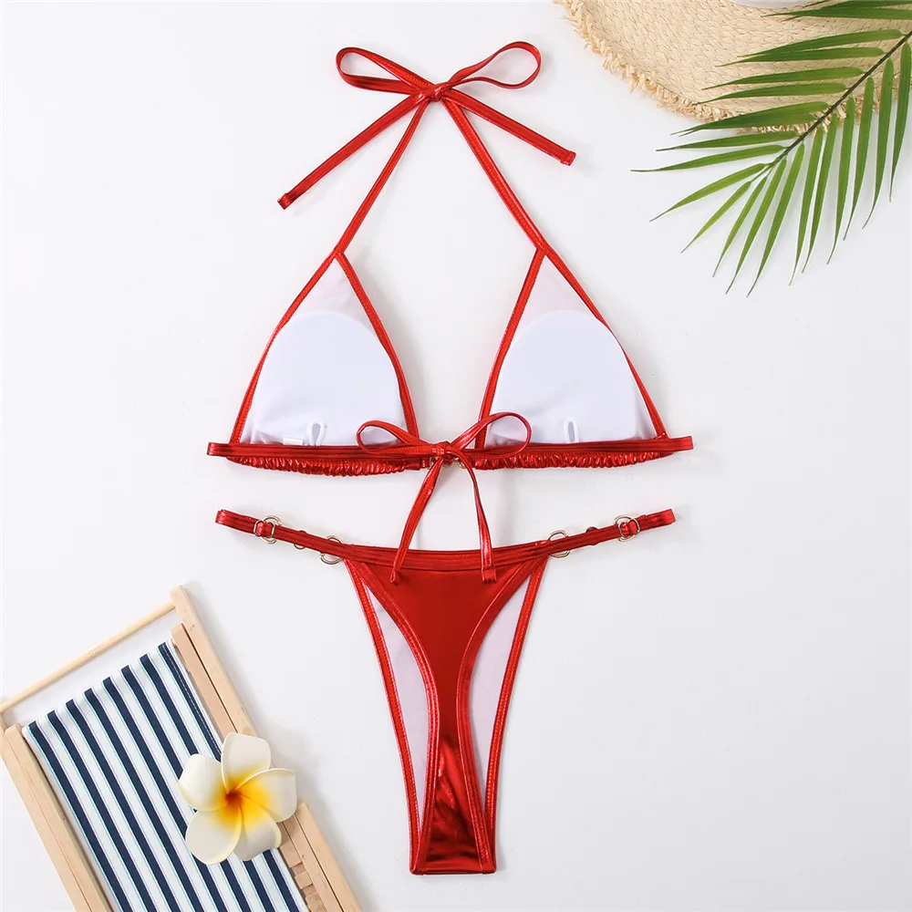 Shiny Red String Halter Triangle Micro Bikinis Sets Sexy