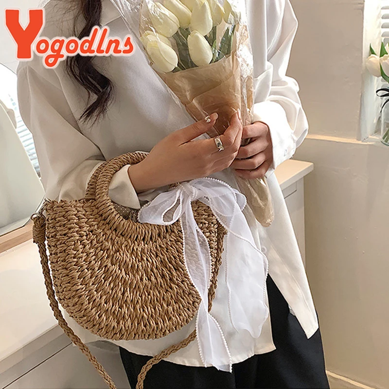 Yogodlns Straw Woven Crossbody Shoulder Bag For Women Handmade Small Purse Handbag Bohemia Ladies Summer Rattan Beach Bag bolsa