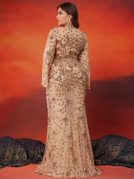 فساتين سهرة ذهبية فاخرة مقاس كبير للنساء 2024 بأكمام طويلة حورية البحر ترتر رسمي للحفلات الراقصة وحفلات الزفاف وحفلات الكوكتيل 2