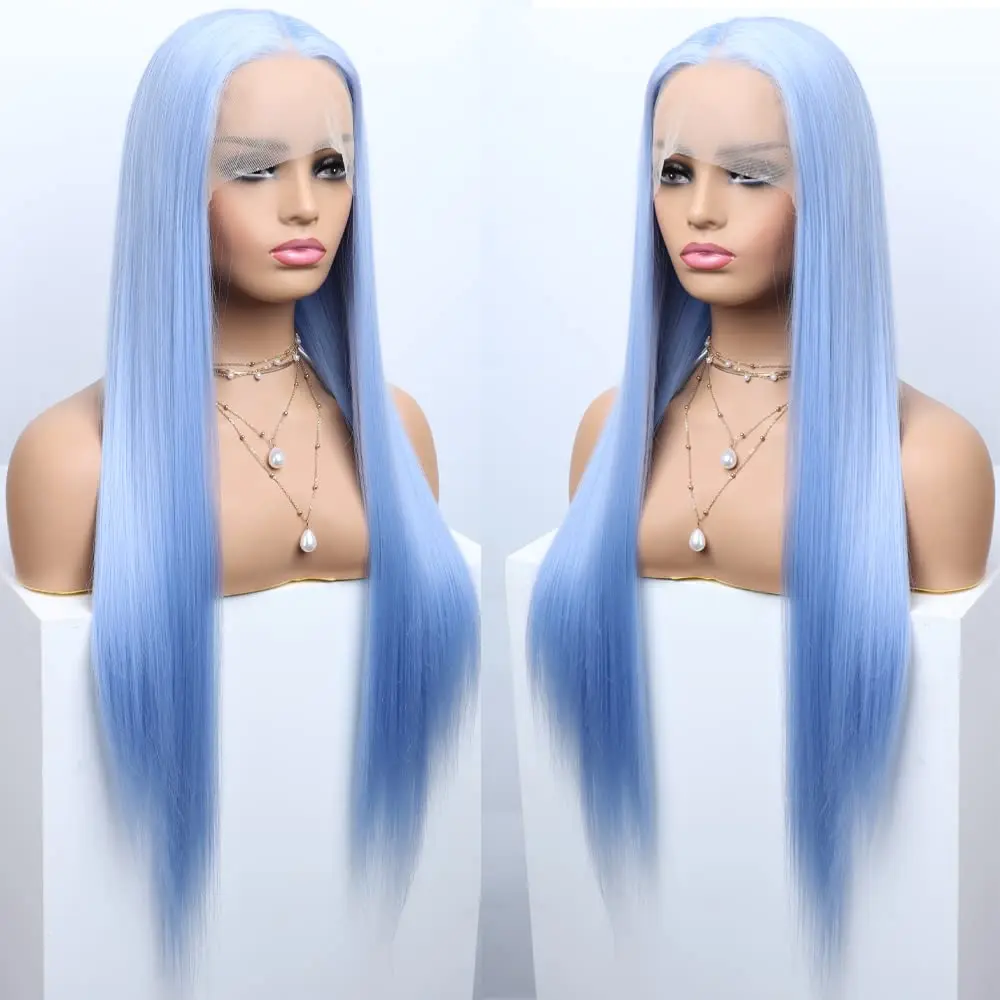 Icy Blue Synthetic Lace Part Wig Natural Hairline Sky Blue Straight T Part Lace Front Wig Light