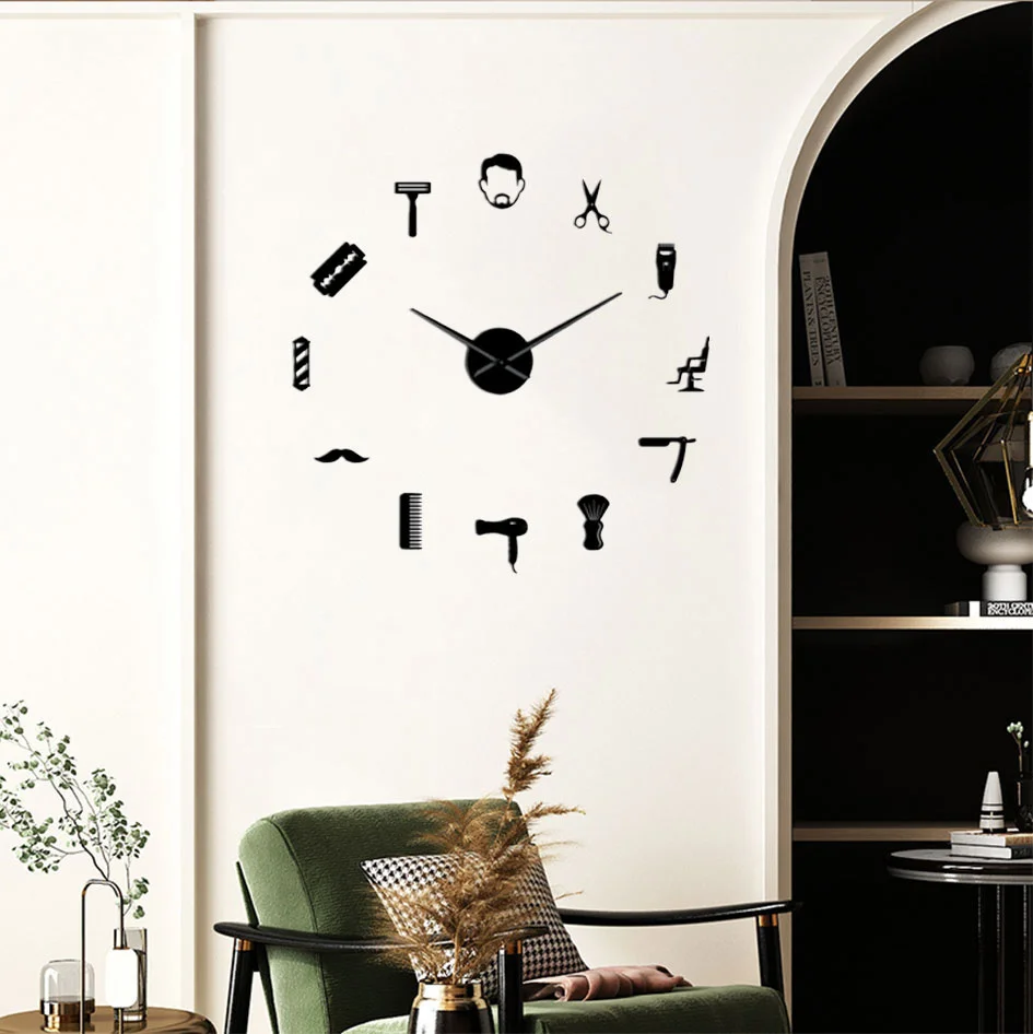 Barber Shop Giant DIY Wall Clock Modern Design Barbershop Decoration 3D DIY Wall Mirror sticker Hair Stylist Hairdresser Gift