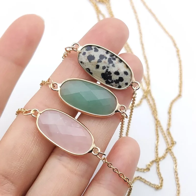 

Овальная подвеска из натурального камня с золотистыми краями, цепочка из нержавеющей стали цвета розового кварца с кристаллом 18 карат, подарочное ювелирное изделие для женщин