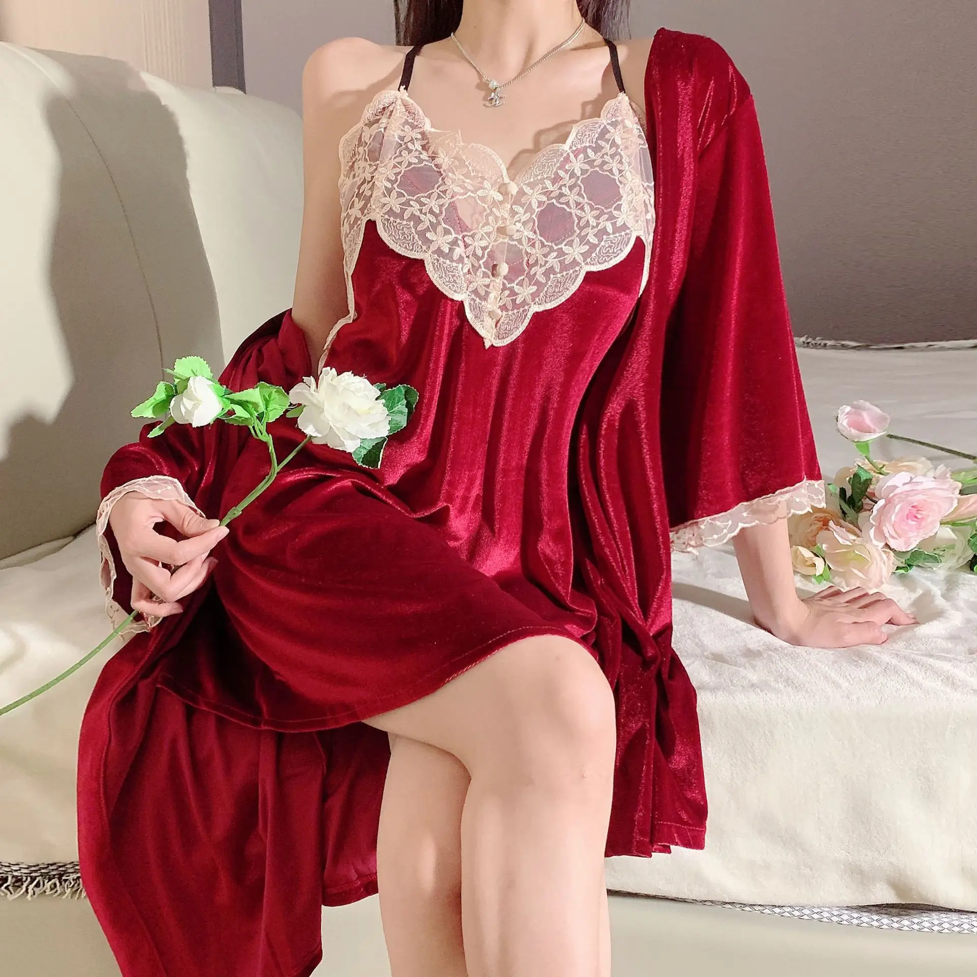 

New golden velvet pajamas female sexy warm sling nightgown small red book with the same paragraph homewear
