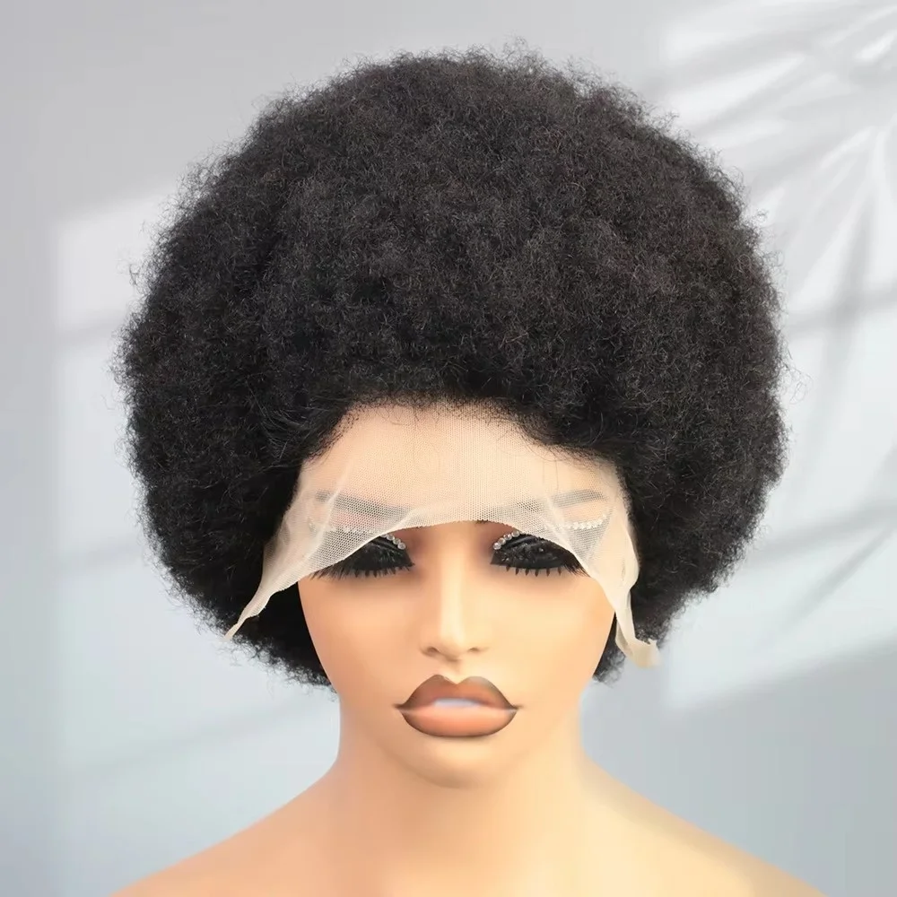 Parrucca corta pixie riccia in pizzo 13X4, capelli umani afro ricci, colore nero - immagine 2