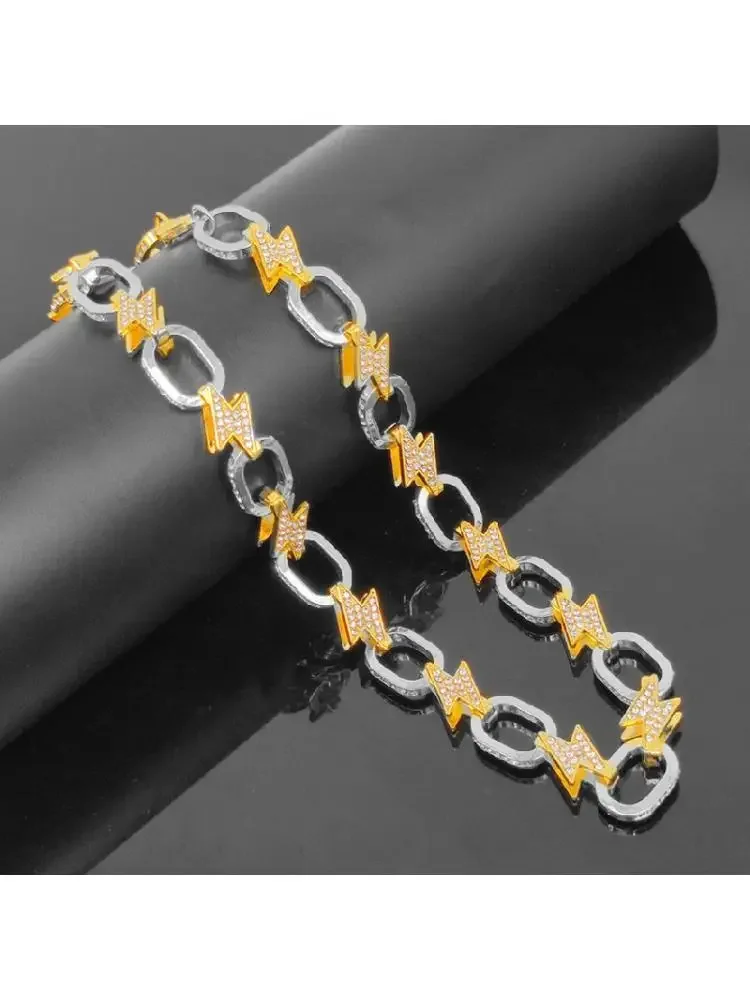 12mm Gold Silver 2tone Color Lightning Shape AAA Bling CZ Stone Prong Cuban Chain Iced Out Hip Hop Choker Necklace Jewelry 16