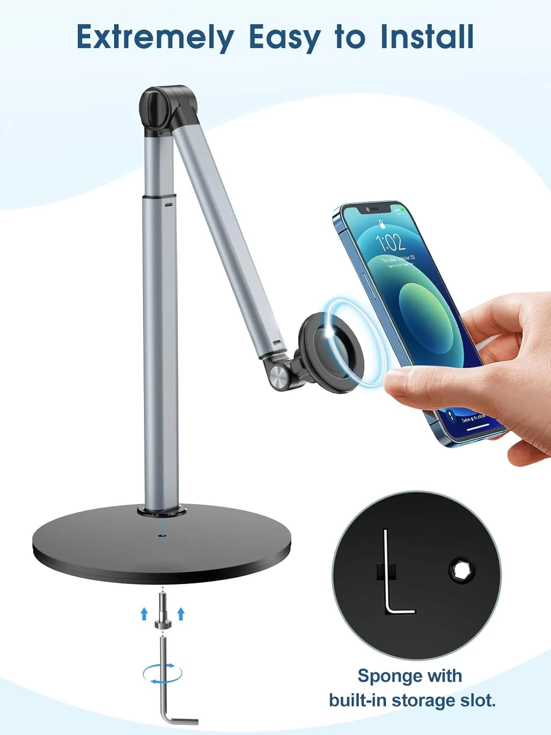 Eary Magnetic Overhead Phone Stand for Desk 360°Rotate Holder for Recording Cooking Painting Zoom Meetings Tik Tok Live & Gaming