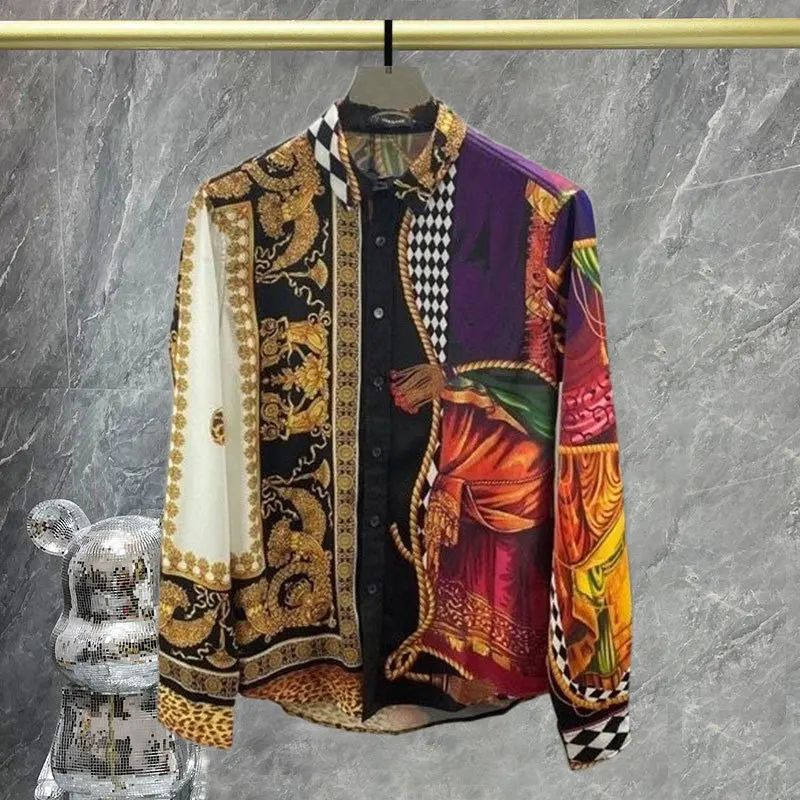 Triangle Print Shirt Dress Men Plaid Shirt Luxury Black Gold Full Gold Flower Men Casual Slim Camisa Masculina