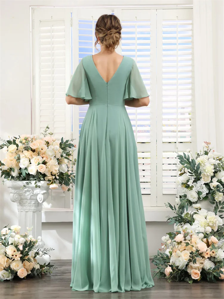 Bridesmaid Dresses A-Line V-Neck Half Sleeves Split Side Floor Length Chiffon With Pockets Elegant For Weddings Guest
