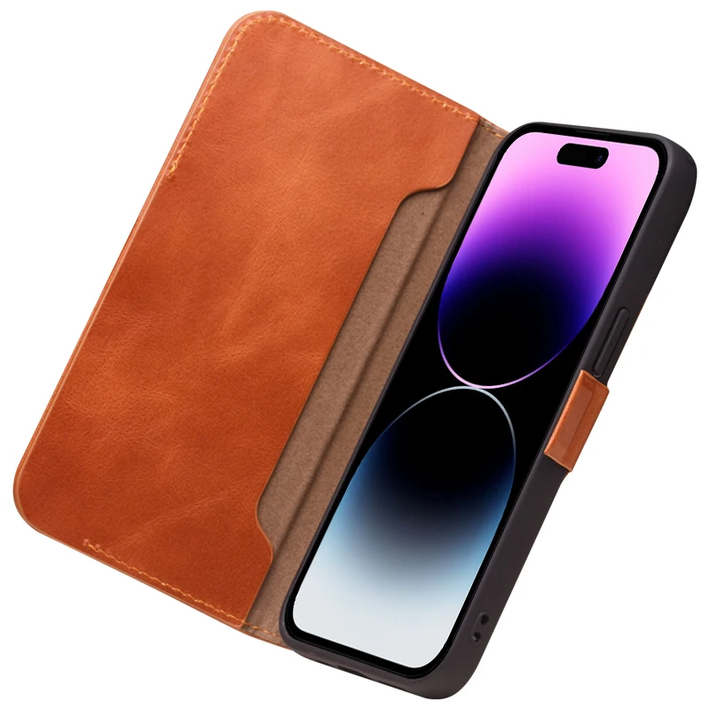 Qialino Genuine Leather Flip Case For Iphone 14 Pro Max Handmade Mobile