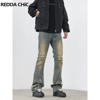 REDDACHIC 남성용 스플래시 잉크 찢어진 플레어 청바지, 블루 디스트레스드 데님 부츠 컷 바지, Y2k 파괴 힙합 바지, 스트리트웨어