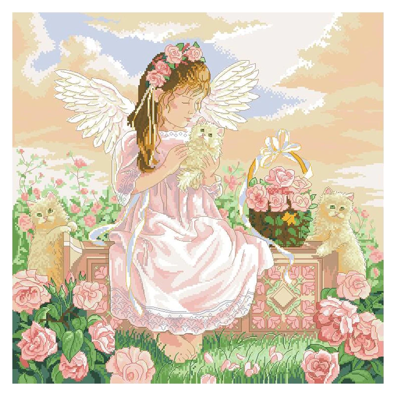 Amishop Kit Punto Croce Contato Di Alta Qualità Tenera Cura Amorevole Angelo E Gattino Gatto Fiori Decorazione Della Casa Arte Della Parete Dim 03857