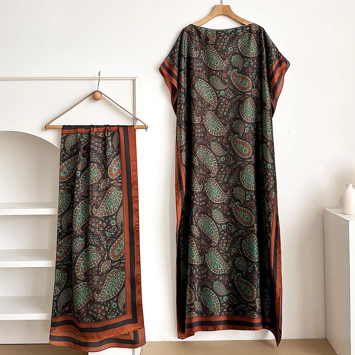 NEW Fashion Summer Print Dress With Big Scarf Dubai Turkey Kaftan Muslim Loose Abaya Women African Casual Paisley Shawl Robe