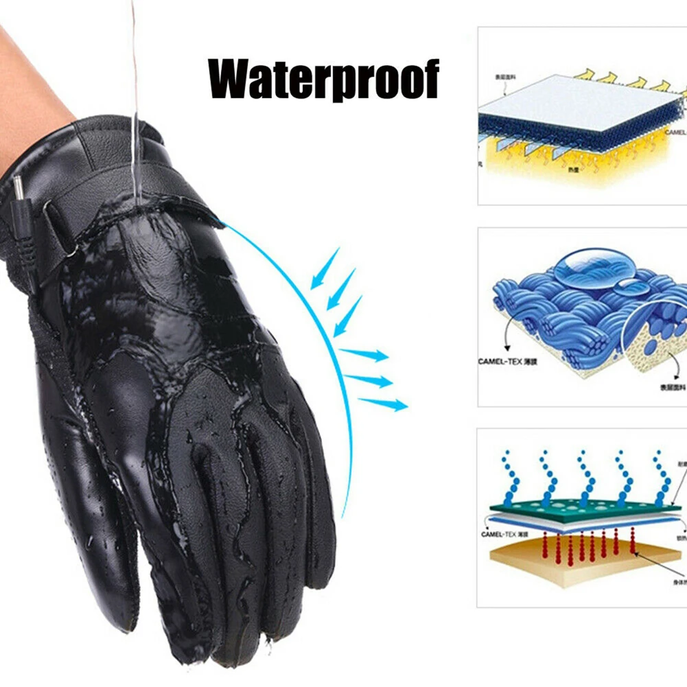 USB Heated Gloves Touchscreen Hand Warmer Electric Heating Gloves Windproof Leather Motorcycle Gloves for Outdoor Cycling Skiing