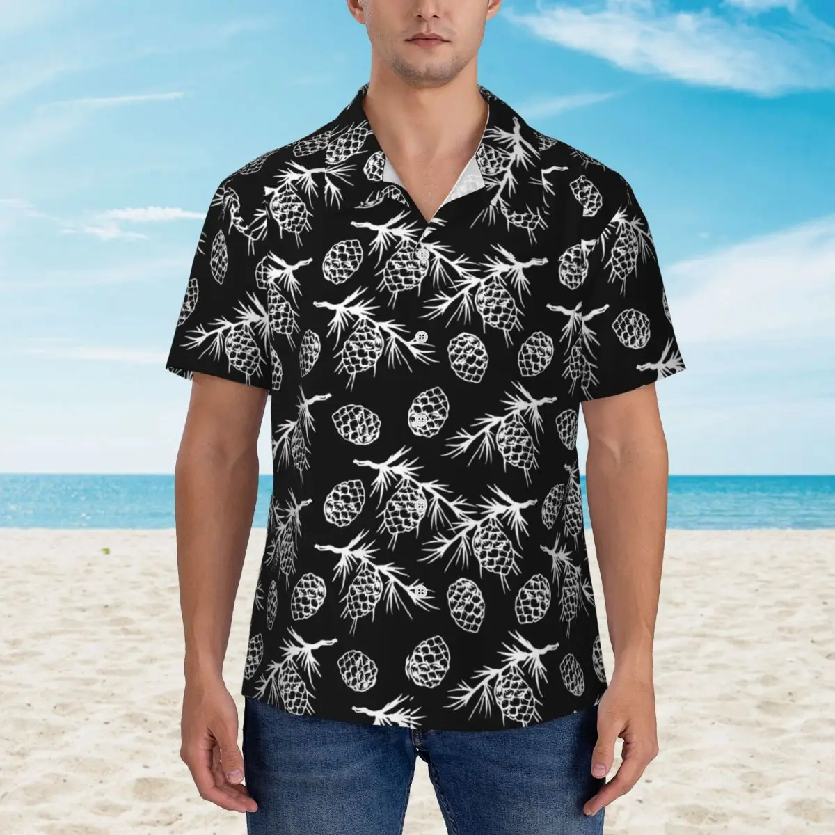 

White Pine Cones Vacation Shirt Men Festive Fall Print Casual Shirts Hawaii Short-Sleeve Design Elegant Oversize Blouses Present