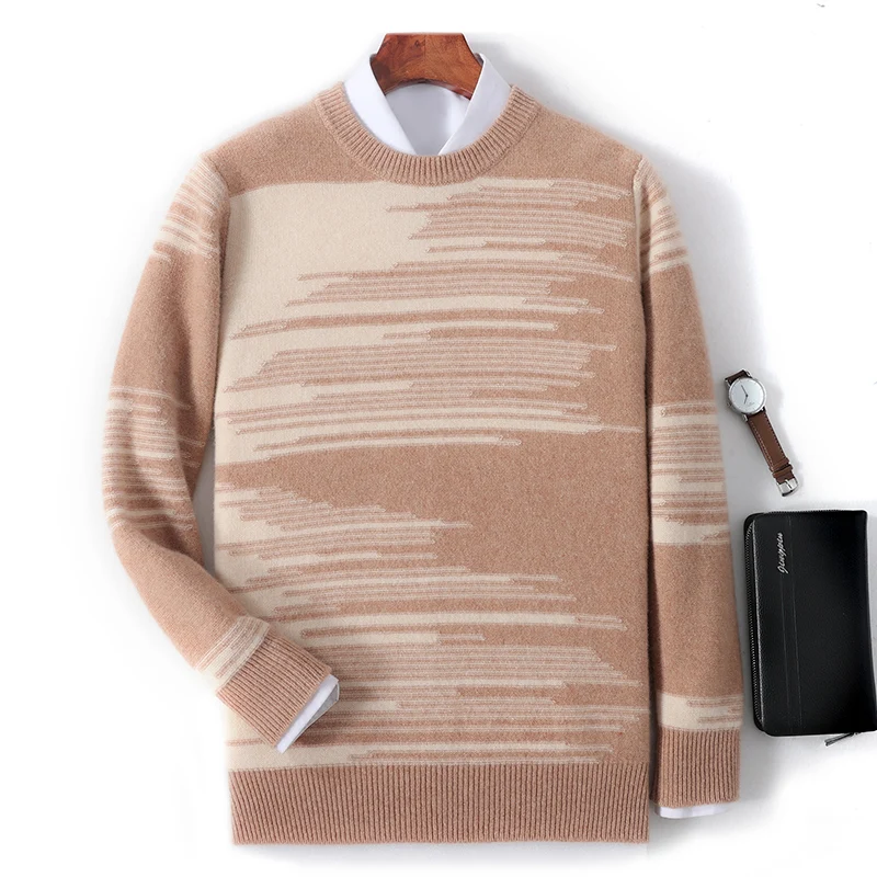 New Autumn Winter Thick Warm Cashmere Sweater Men's Round Neck Knitted Pullover 100% Merino Wool Contrasting Menswear 3