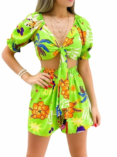 

Casual Two Piece Set Women Outfit 2024 Summer Fashion Print Short Sleeved V-Neck Lace Up Crop Top & High Waist Daily Shorts Set