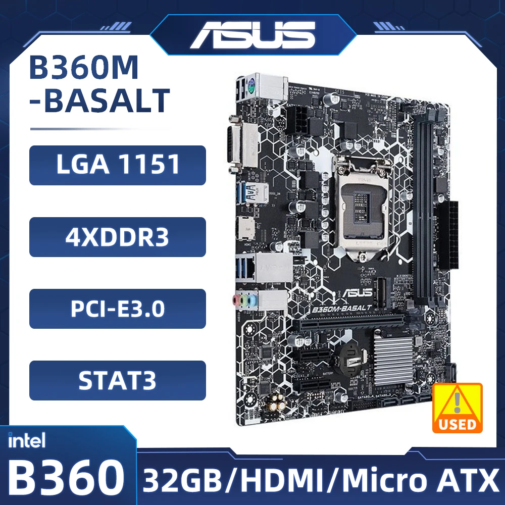 

1151 Motherboard ASUS B360M-BASALT Intel B360 DDR4 32GB PCI-E 3.0 M.2 4xSATA III USB3.1 DVI Micro ATX For Core i3-8300 i5-9400