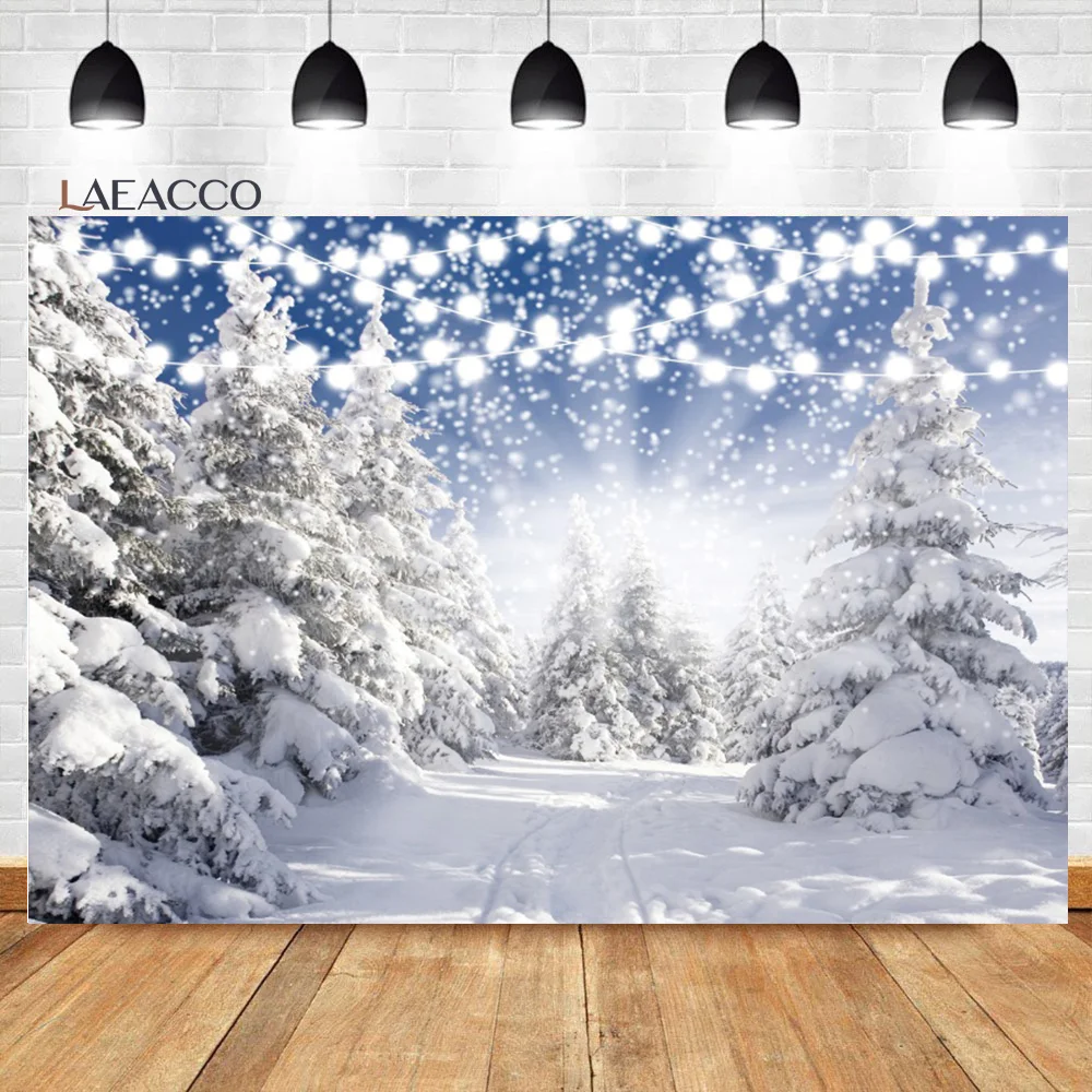 

Laeacco Winter White Snowy Forest Backdrop Christmas Glitter Wonderland Nature Trees Kids Family Portrait Photography Background