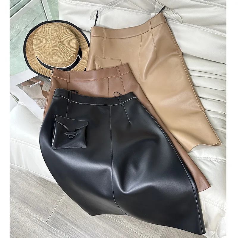 

Europe Autumn Winter Chic OL Elegant High-rise Leather Skirt High Quality Pockets A-line Genuine-leather Skirts C546