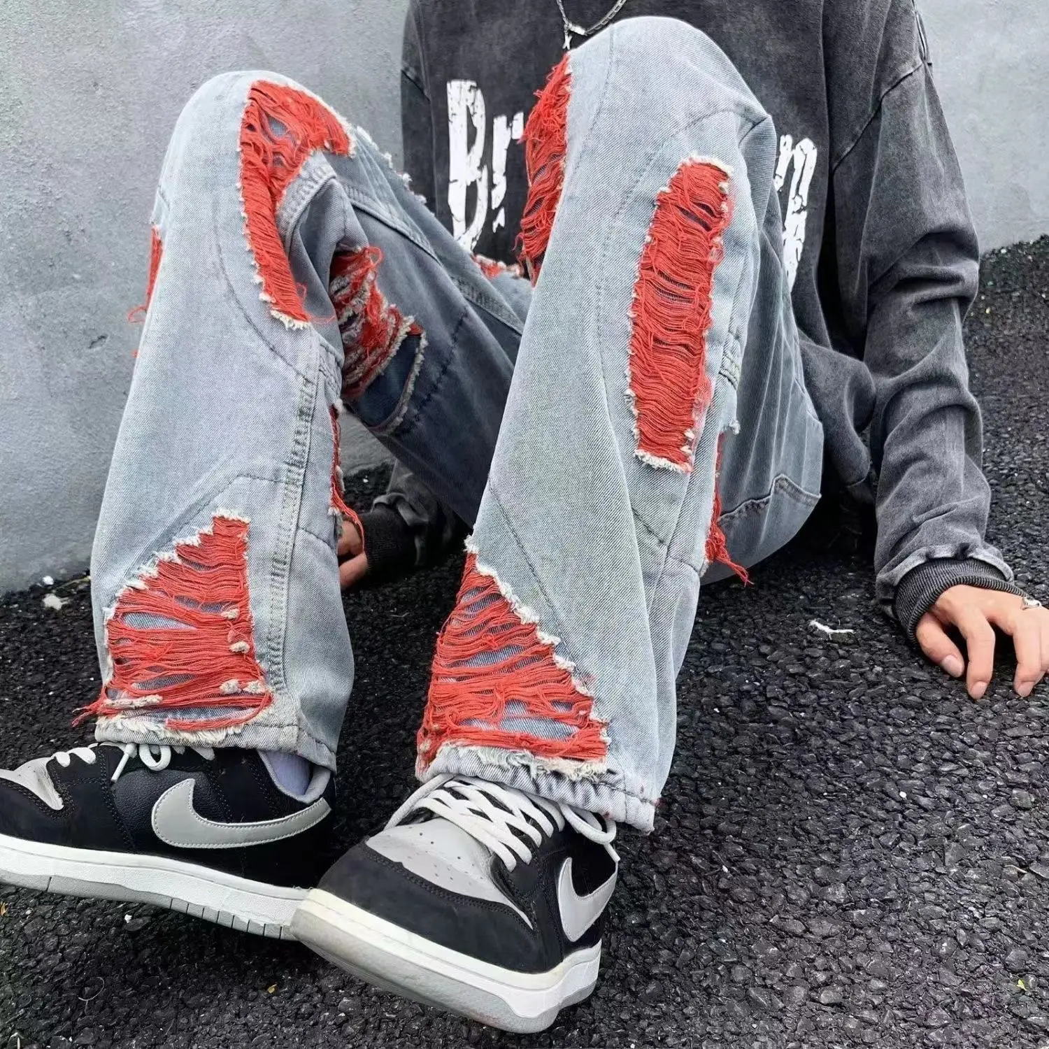 Autumn men\'s casual jeans American ins trend brand high street niche design Y2K retro washed distressed casual trousers hot sale