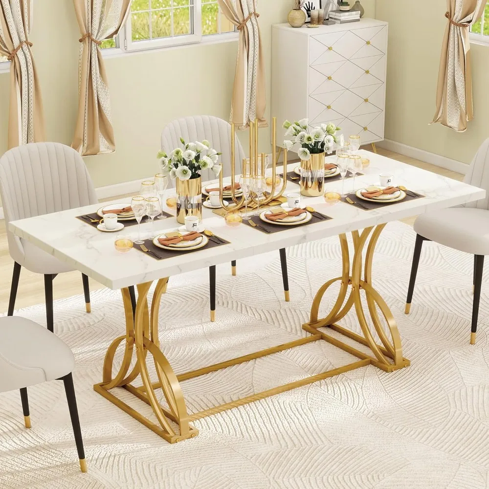 70.3" Large Modern Dining Table for 6-8 People, Rectangular White Kitchen Dining Room Table with Faux Marble Tabletop and Gold