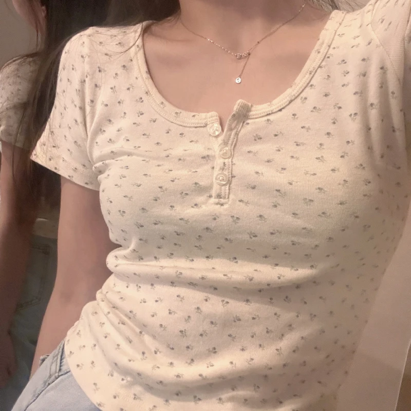 여성용 꽃 프린트 크롭 탑, 반팔 캐미솔 탑, 한국 버전, 여름