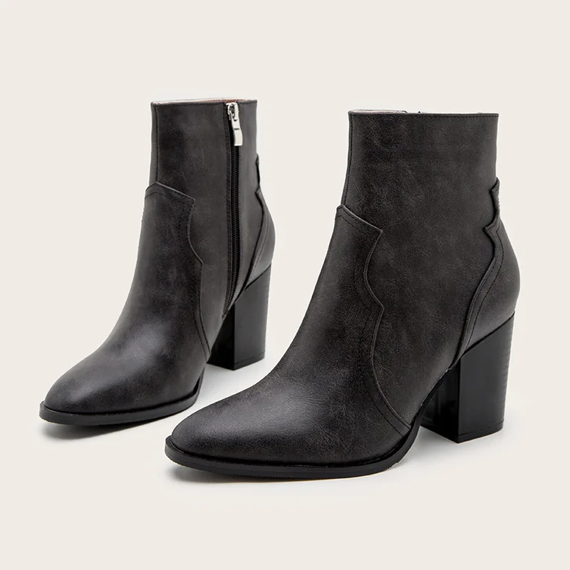 

PU Leather Boots Women Pointed Toe Mid Heel Ankle Boots Thick Square Heel Slip Zip Open Western Boots Cowboy Office Lady Boots