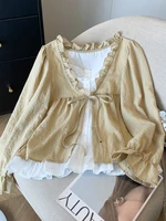 Korean Casual Sweet Fungus Lace Collar Women’s Shirt Top Autumn New Women Fashion Fake Two-Piece Lace Up Long Sleeved Shirt