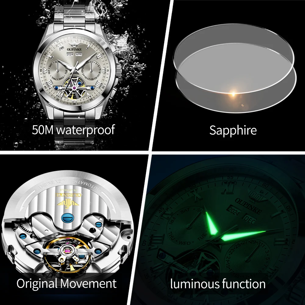 OUPINKE 3281 Watch For Men Top Brand Fashion Hollow Automatic Dress Wristwatch Week Date Display Waterproof Mechanical Man Watch