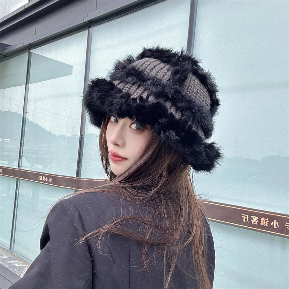 

Chic Bucket Hats for Women Winter Warm Cute Fur Cap Big Head Waist Casual Soft Fur 2024 Knitted Fisherman's Caps Accessories