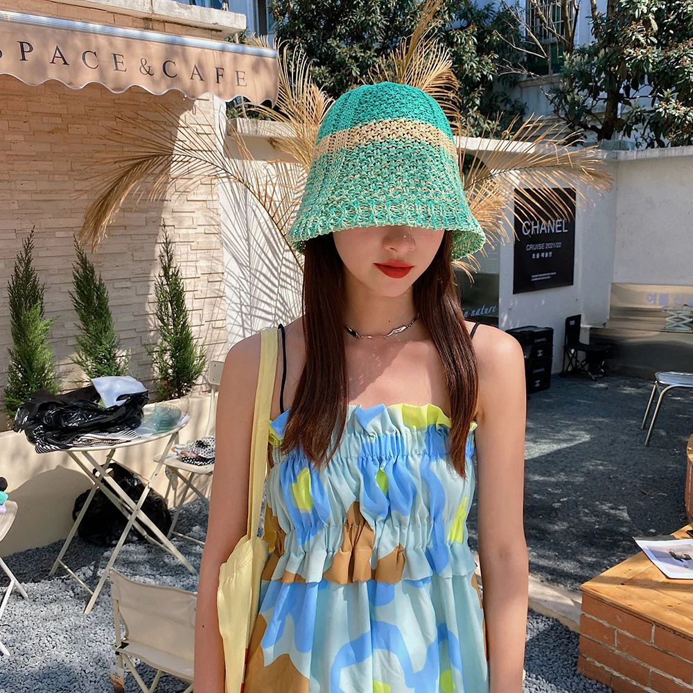 Women Knitted Lattice Fisherman Hat Handmade Crochet Color Matching Basin Hat Spring and Autumn Knitted Sunscreen Sun Hat prada bucket hat womens Bucket Hats