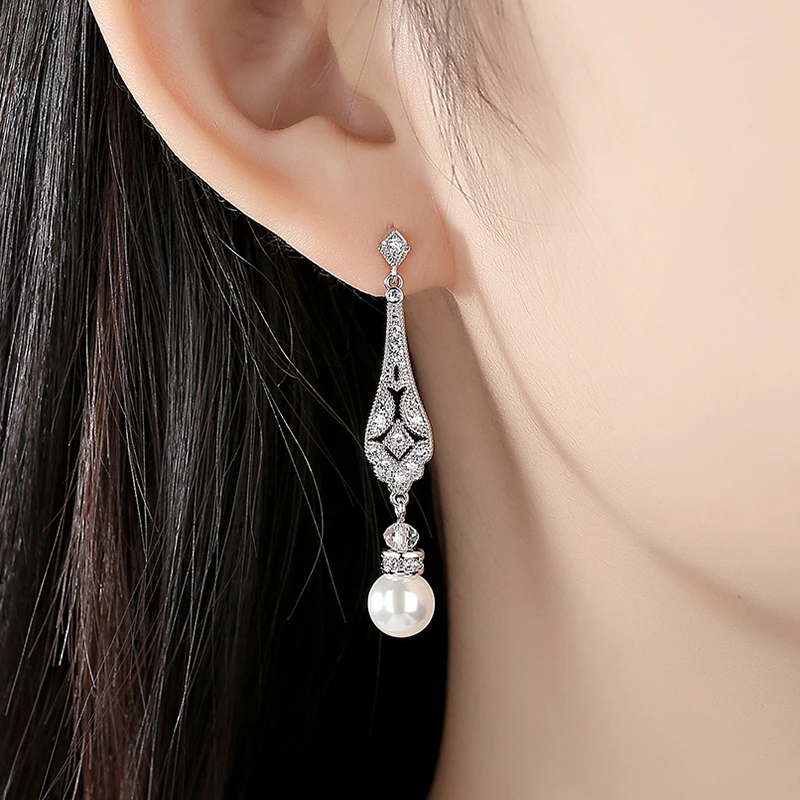 Women Drop Pearl Earrings Long Tassel Water Drop Cubic Zirconia