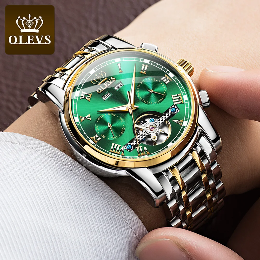 OLEVS Automatic Mechanical Men Watches Stainless Steel Waterproof Date Week Green Fashio Classic Wrist Watches Reloj Hombre 2