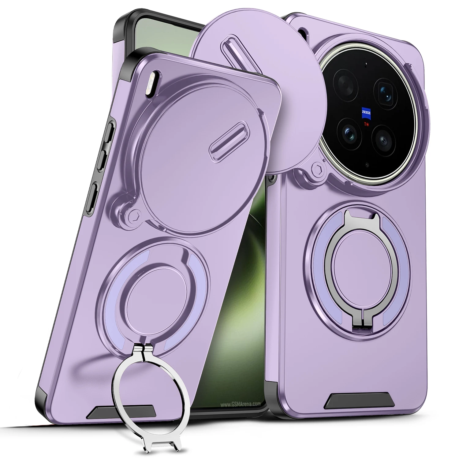 Luxury Slide Camera Hybrid Matte Phone Cover with Rugged Bracket Ring Grip and Wireless Charging Capability