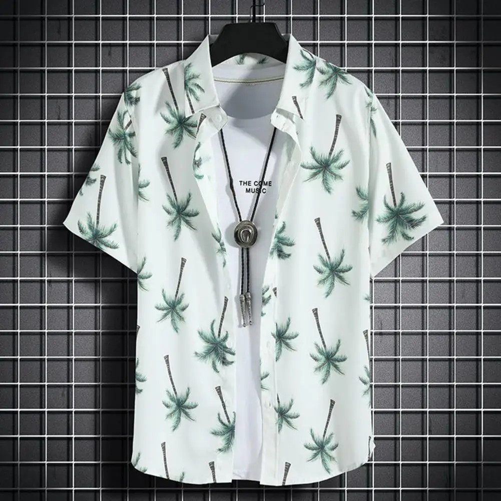 

Single Breasted Shirt Pockets Shorts Set Tropical Leaves Print Hawaiian Style Shirt Shorts Set with Elastic Drawstring for Men