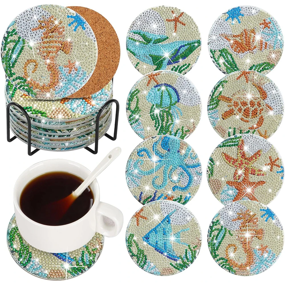 

8PCS Ocean Diamond Painting Coasters For Drinks DIY Coaster Diamond Art Kits For Adults Kids Beginners Diamond Art Craft