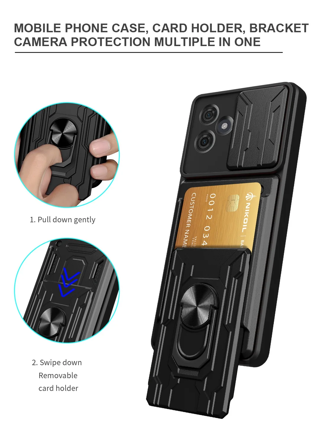Sleek Protective Moto G Phone Case with Camera Cover, Card Holder, and Kickstand